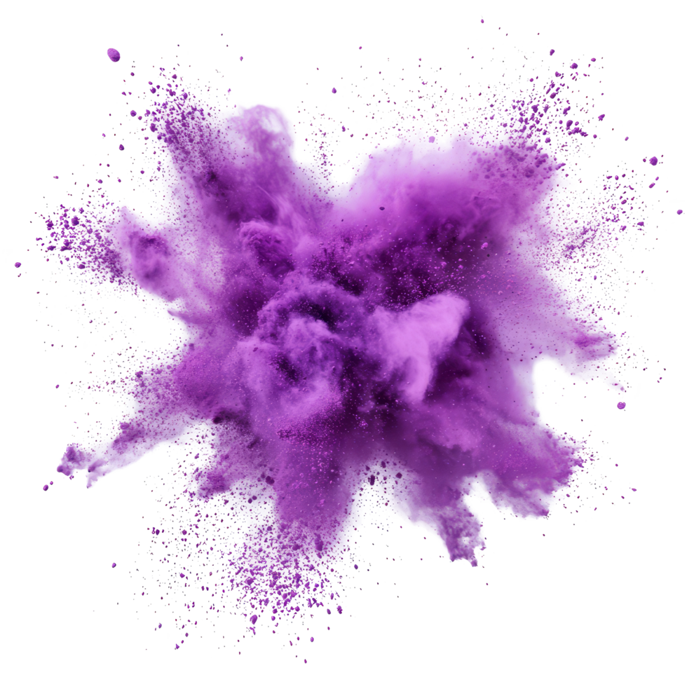 Purple powder explosion isolated on a transparent background depicting vivid color dispersion and texture dynamics, purple powder pulver explosion isolated on transparent background png