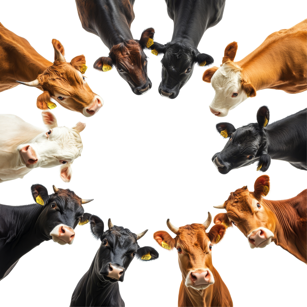 A diverse group of cows in various colors gathered together against a transparent background, group of cows of different color isolated on transparent background, png