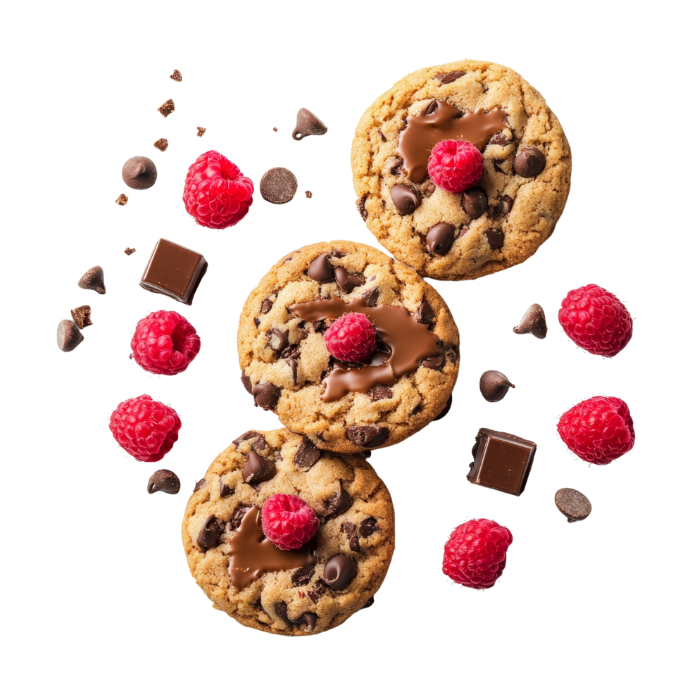Decadent cookies topped with chocolate, Nutella, caramel, and fresh raspberries on a clean transparent surface, Chocolate Chip, Nutella, Caramel, and Raspberry Cookies on transparent background png