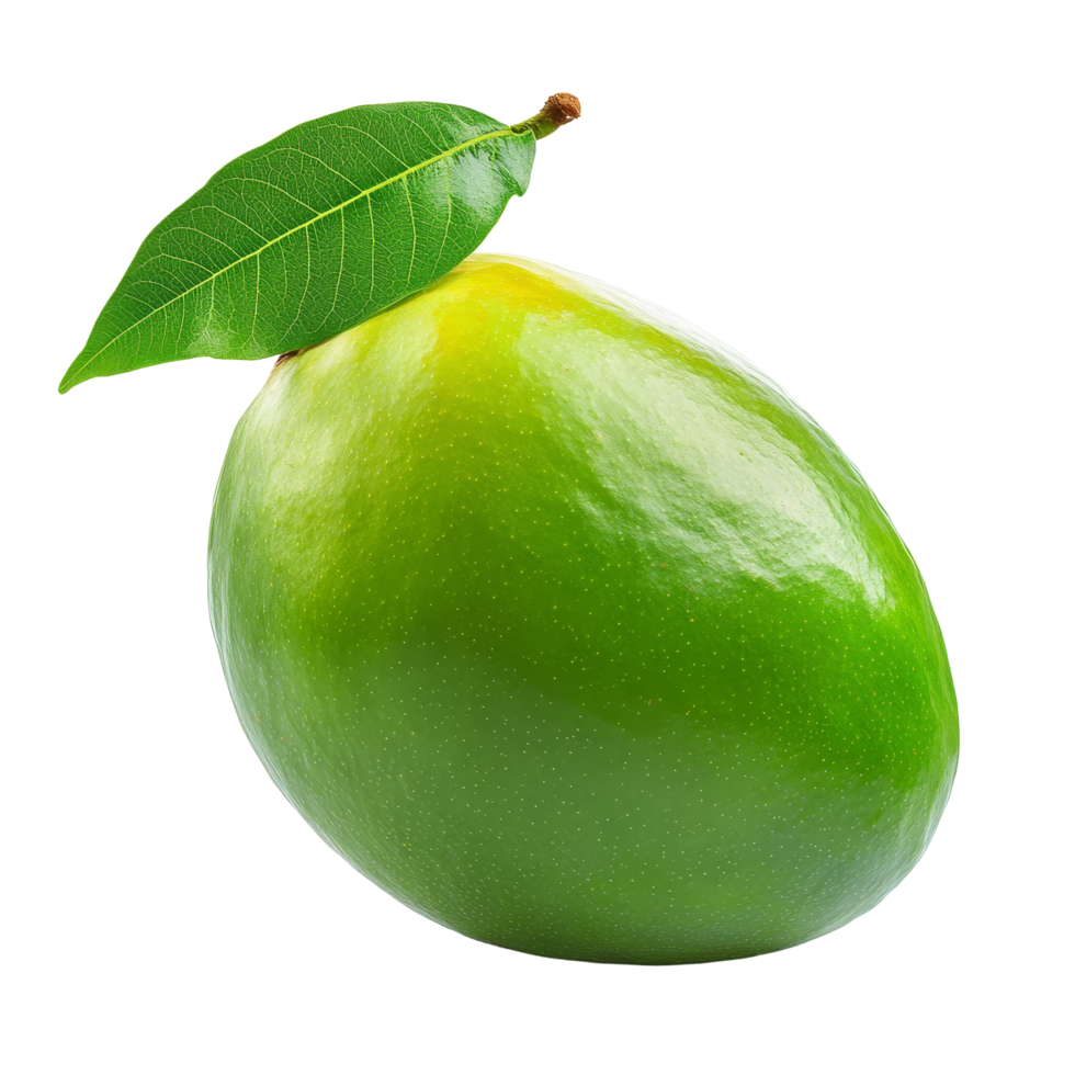Fresh green mango with a vibrant leaf set against a clean transparent background ideal for culinary inspiration, green mango isolated on transparent background png