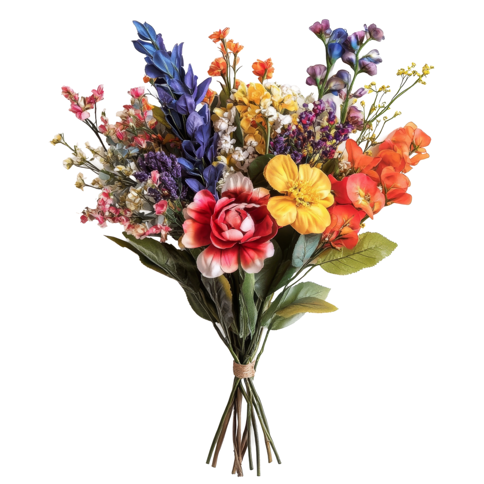 A vibrant bouquet of assorted flowers arranged beautifully on a transparent background, bouquet flower, isolated transparent background png