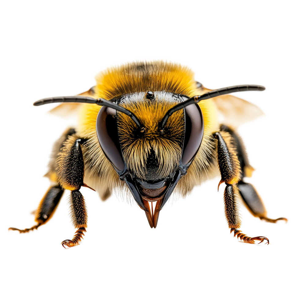 Macro shot of a bee perched on a transparent background showing intricate details of its body and features, macro shot of a bee isolated on transparent background png