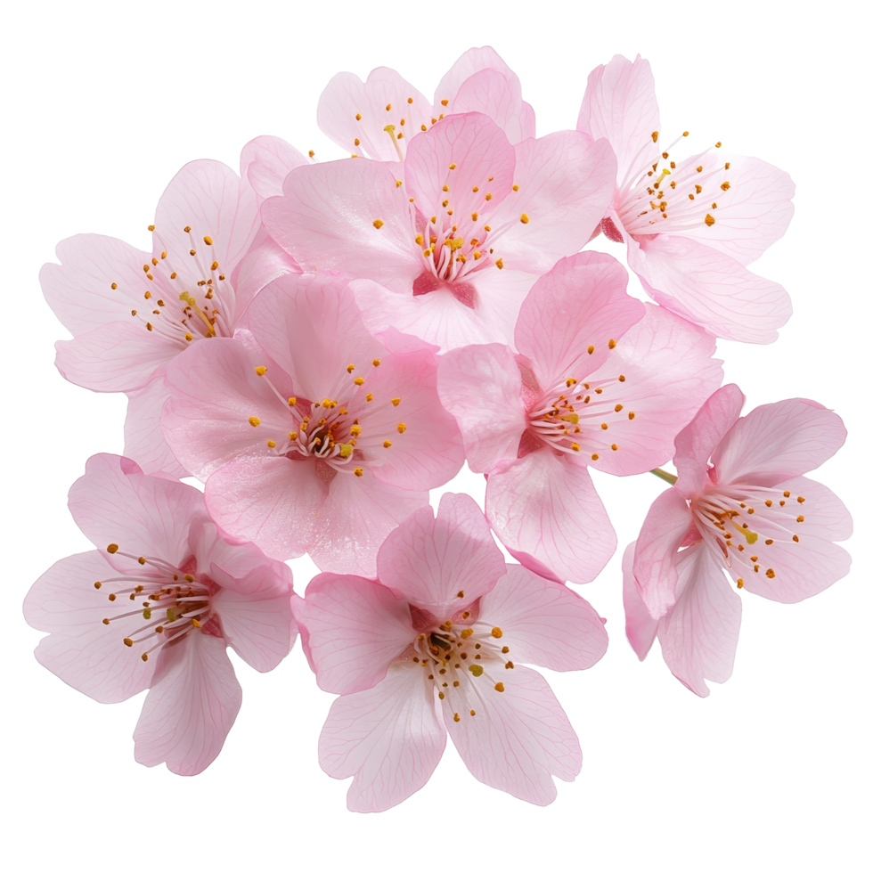 Delicate pink cherry blossom flowers isolated on a transparent background showcasing their beauty and intricate details, of pink flower sakura, cherry, isolated on transparent background png