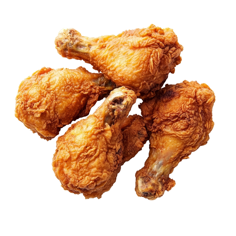 Crispy fried chicken drumsticks on a clean transparent background ready to be served for a delicious meal, fried chicken on transparent background png