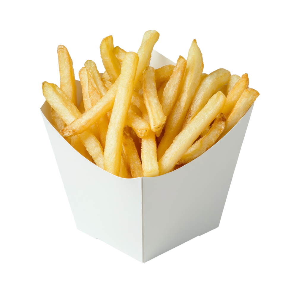 Delicious golden french fries served in a transparent paper box on a clean surface for snack time enjoyment, Front view of french fries in a transparent paper box png