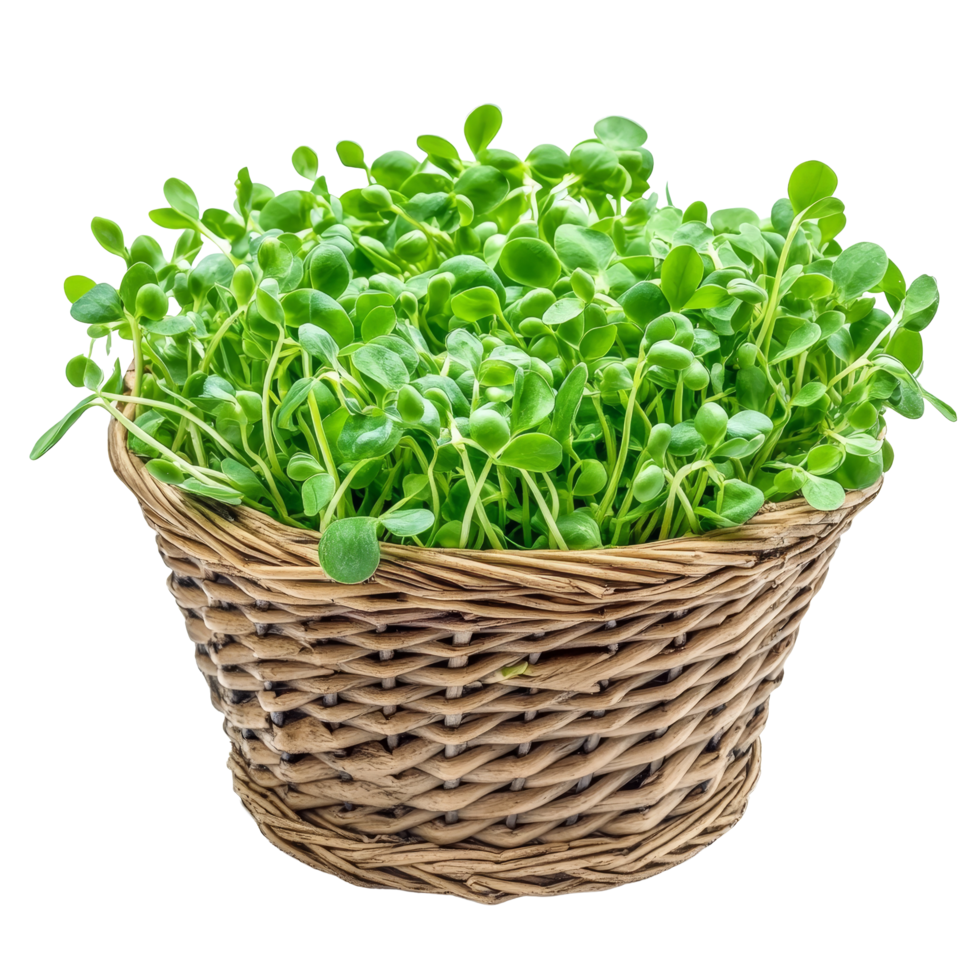 Fresh green pea sprouts in a woven basket on a bright transparent background, perfect for healthy meals, Green pea sprouts in basket on transparent background png
