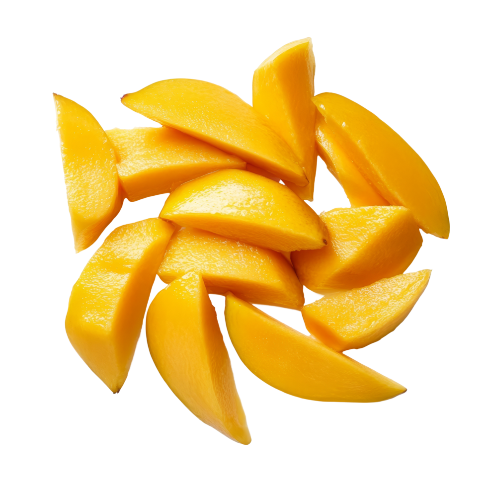 Fresh mango slices on a transparent background showcasing their vibrant color and juicy texture, mango slices on transparent background png