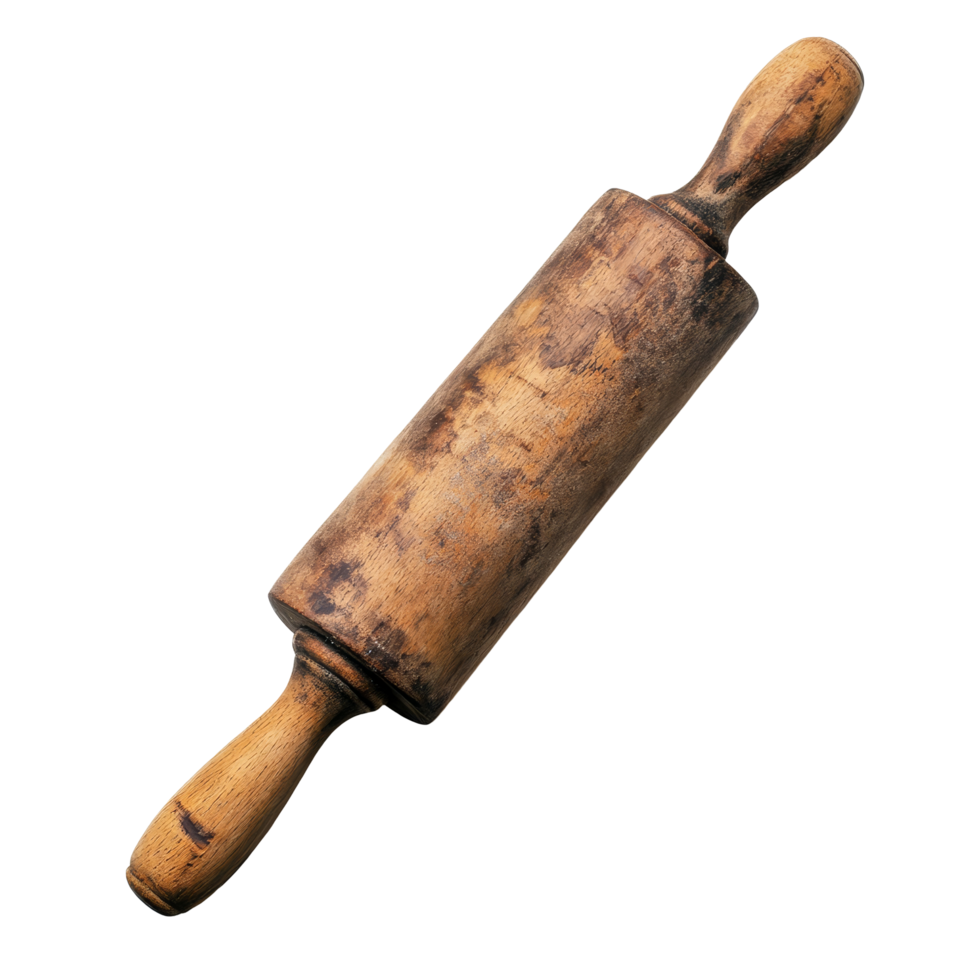 Rustic wooden rolling pin isolated on a transparent background, perfect for baking and kitchen preparation activities, Wooden rolling pin isolated png