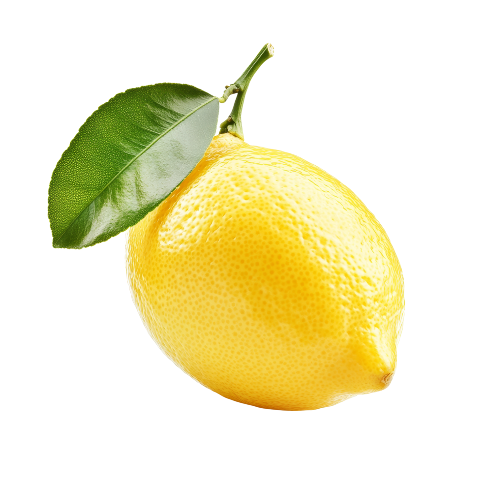 Fresh lemon with vibrant green leaf isolated on a clean transparent background for culinary and decorative use, Lemon with leaf isolated on transparent background png