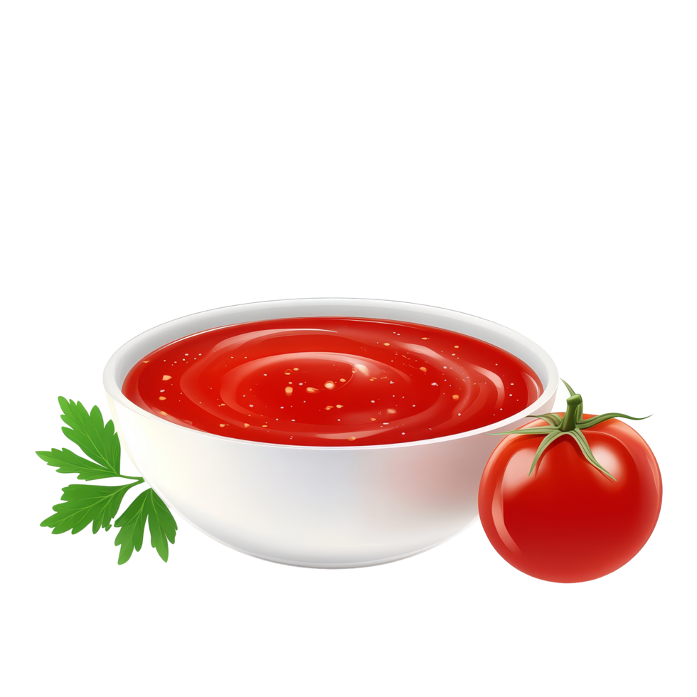 Fresh tomato sauce with ripe tomato and parsley on a clean transparent background, perfect for culinary use, Tomato sauce and tomato on transparent background png