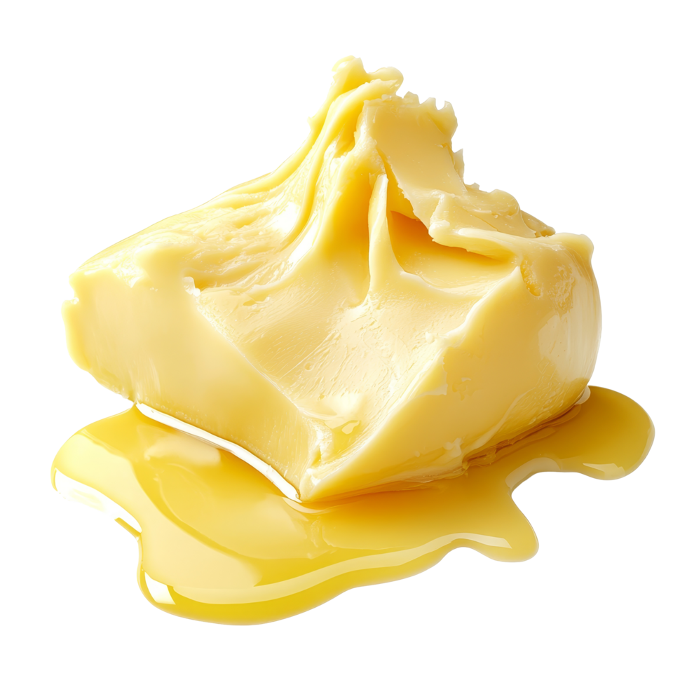 Melting butter creating a rich golden pool against a pristine transparent background, Butter melting isolated png