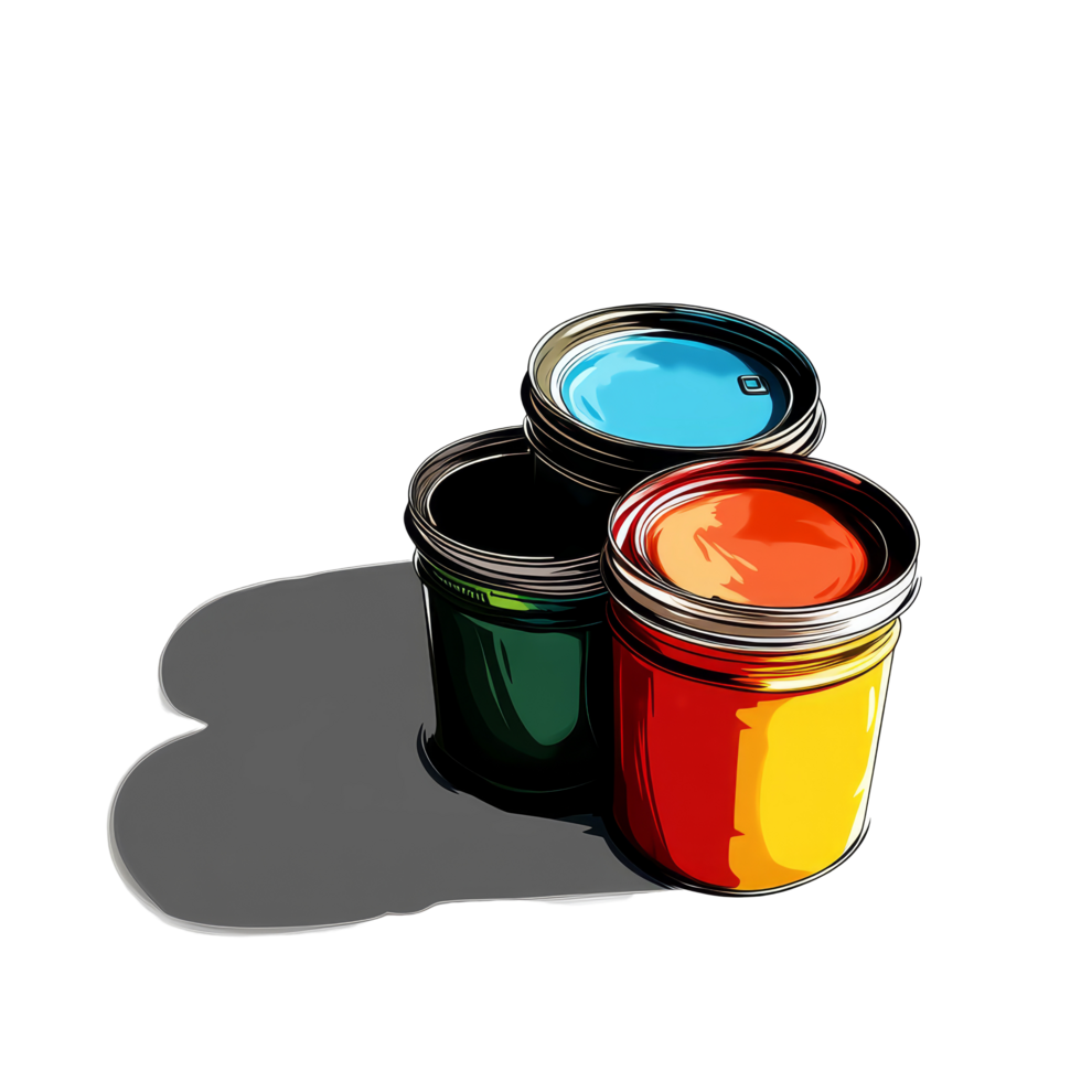 Three vibrant paint cans casting colorful shadows on a transparent background with a focus on artistry and creativity, of paint cans, file of isolated object with shadow on transparent background png