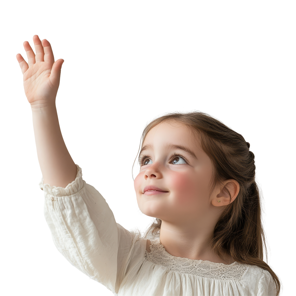 Young girl with a raised hand smiling against a transparent background during a joyful and playful moment, Young Girl with Raised Hand on transparent background png