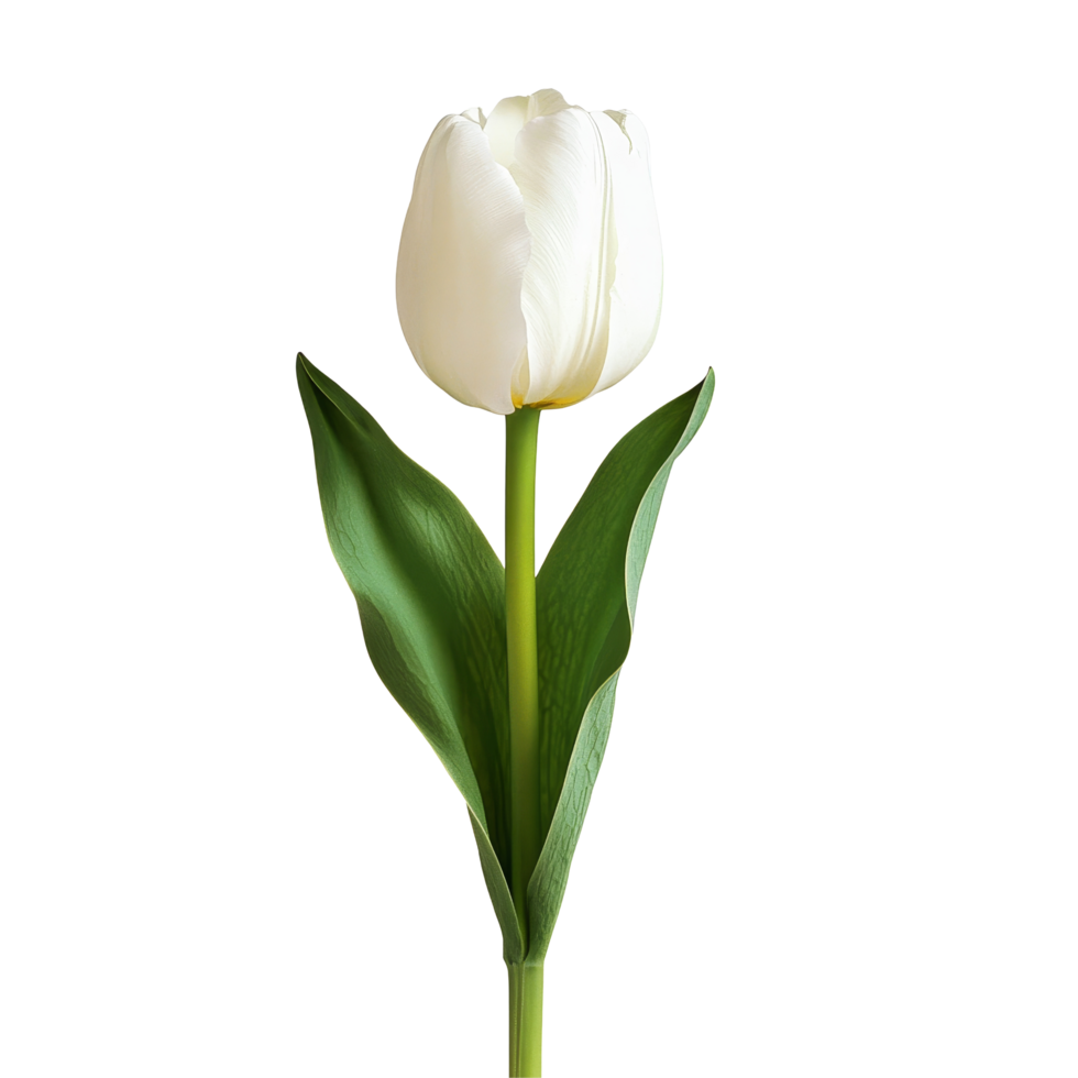 Beautiful single transparent tulip flower standing tall with green leaves against a clean transparent background, single transparent tulip flower isolated transparent background png