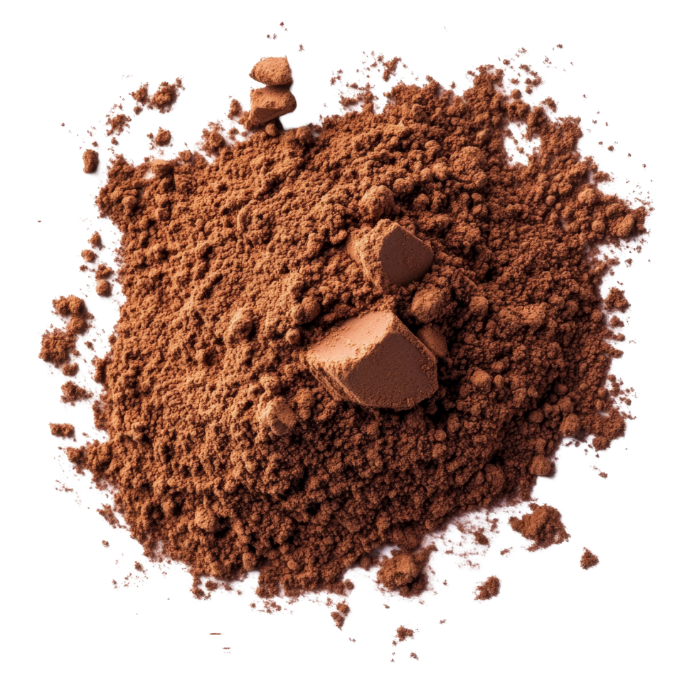 Chocolate powder isolated on a surface with natural lighting highlighting its rich texture and color, Chocolate powder isolated png
