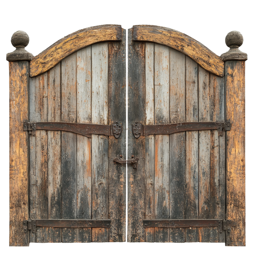 Distressed wooden gates with curved tops stand out against a backdrop of transparent in a tranquil outdoor setting, Distressed wooden gates with curved tops on a transparent background or transparent png