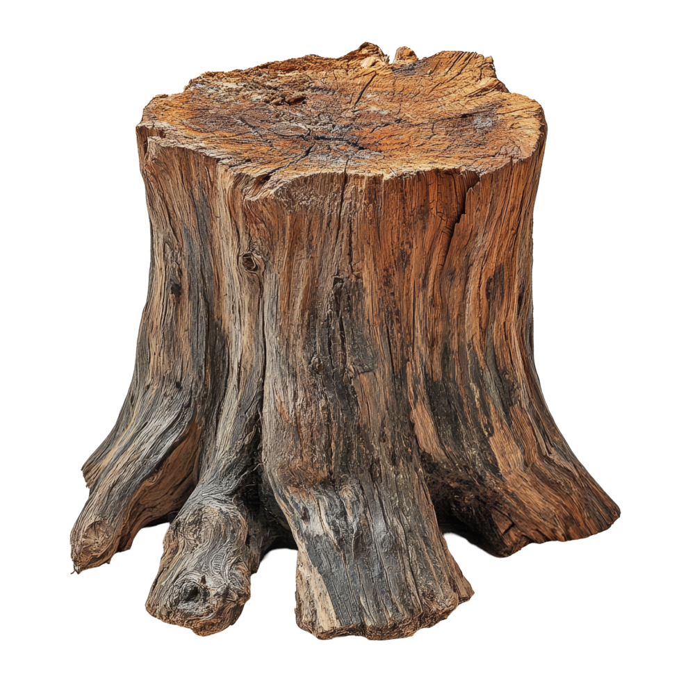 A weathered dead log stump with intricate textures and natural details against a stark transparent background, Dead Log Stump on transparent background png