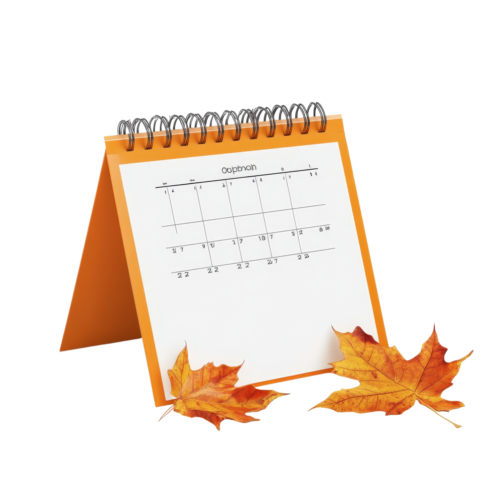 October calendar on table with autumn leaves isolated on transparent background for seasonal planning, table calendar 2023 october isolated on transparent background png