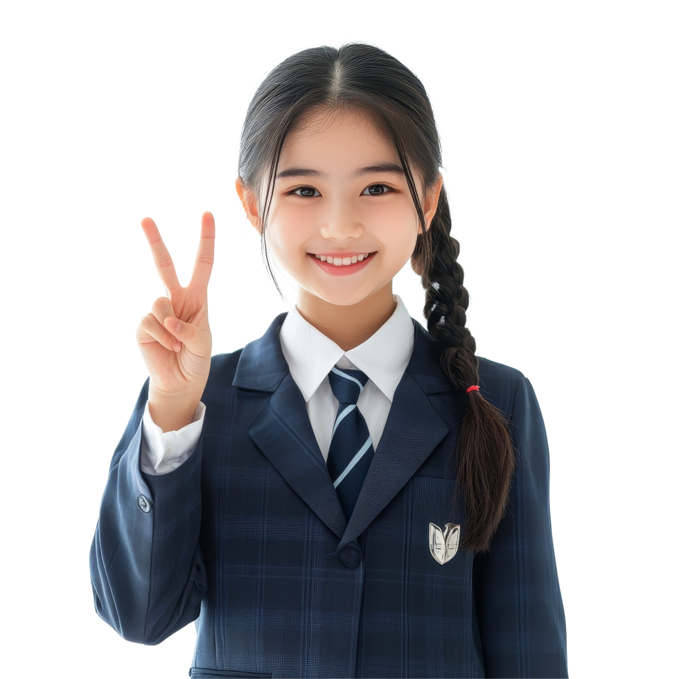 Happy Asian student girl in school uniform showing victory sign in bright classroom setting, Happy braces Asian student girl in school uniform arm crossed png