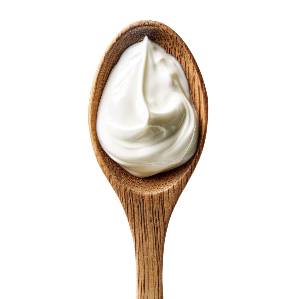 Yogurt in a wooden spoon isolated against a clean transparent background for a fresh and natural presentation, yogurt in wood spoon isolated on transparent background png