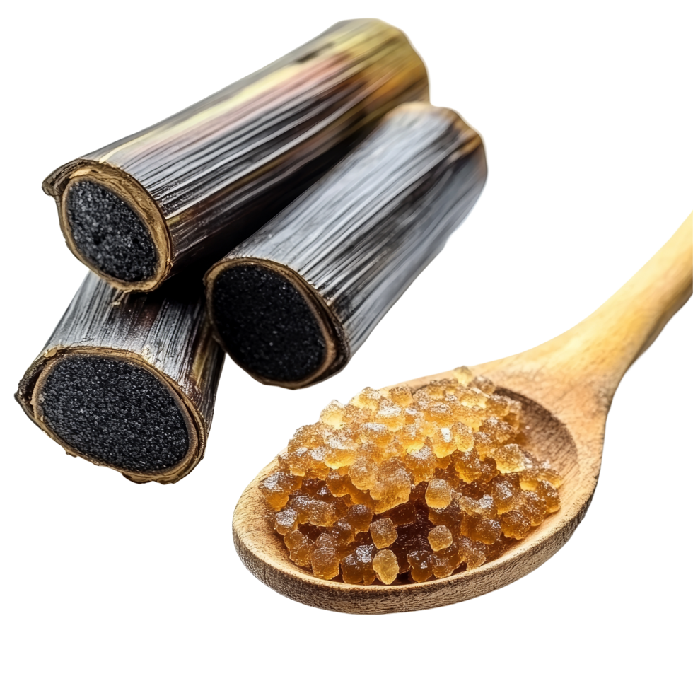 Delicious sugarcane hard molasses and jaggery served in a spoon with fresh sugarcane pieces in a kitchen setting, Sugarcane Hard Molasses or Jaggery and sugar in spoon on transparent background png