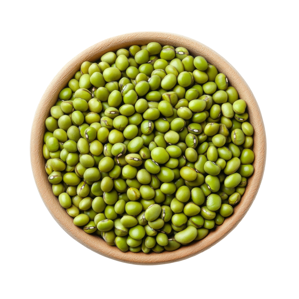 A bowl of fresh mung beans on a bright transparent background showcasing their vibrant green color and texture, Mung beans isolated on transparent background png