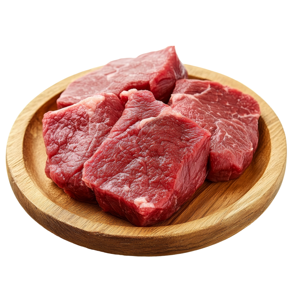 Fresh raw beef cuts on a wooden plate ready for cooking in a clean kitchen setting, fresh raw beef meat on wooden plate isolated on transparent background png