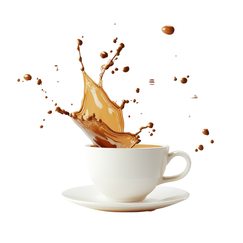 A coffee cup creates a dynamic splash of coffee on a clean transparent surface, capturing a moment of unexpected chaos in the morning routine, Coffee cup splash spilled coffee on transparent png