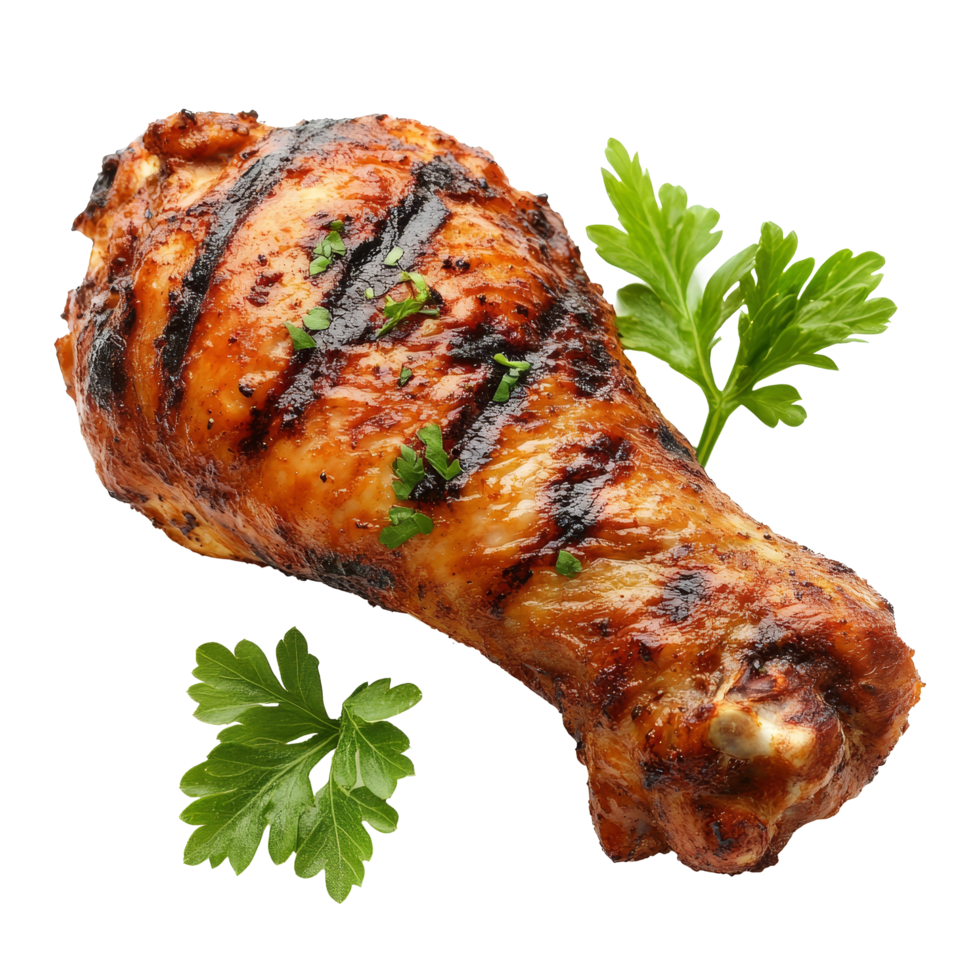 Deliciously grilled chicken leg garnished with fresh parsley on a clean transparent background, tasty grilled chicken leg transparent background png