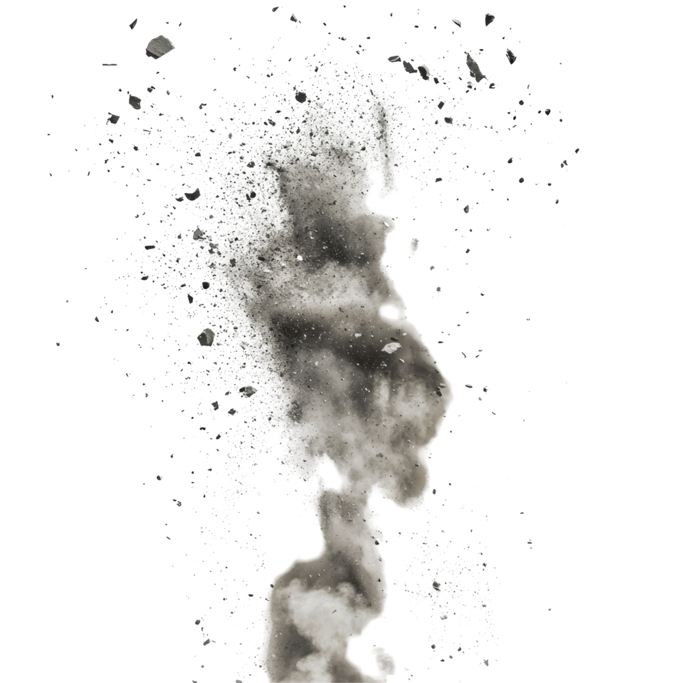Flying debris and dust particles swirl upward against a transparent background, creating a dynamic isolated effect, flying debris with dust isolated on transparent backgroud png