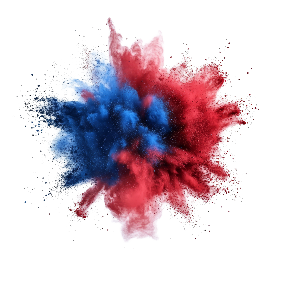 Colorful explosion of red and blue powder in an isolated setting creating a dramatic effect, red and blue color powder pulver explosion isolated on transparent background png
