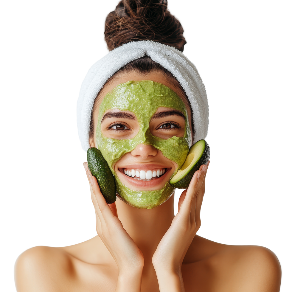 Happy woman enjoying skincare treatment in a bright studio during her beauty routine, Beauty Skincare and Happy Woman in Studio with Avocado Face Mask on transparent background png