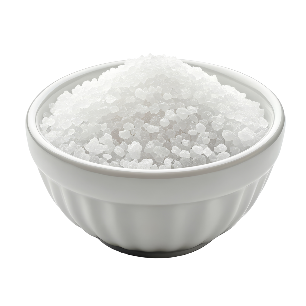 transparent bowl filled with sea salt on a clean, bright background showcasing natural seasoning for culinary use, Sea salt in transparent bowl isolated on transparent background png