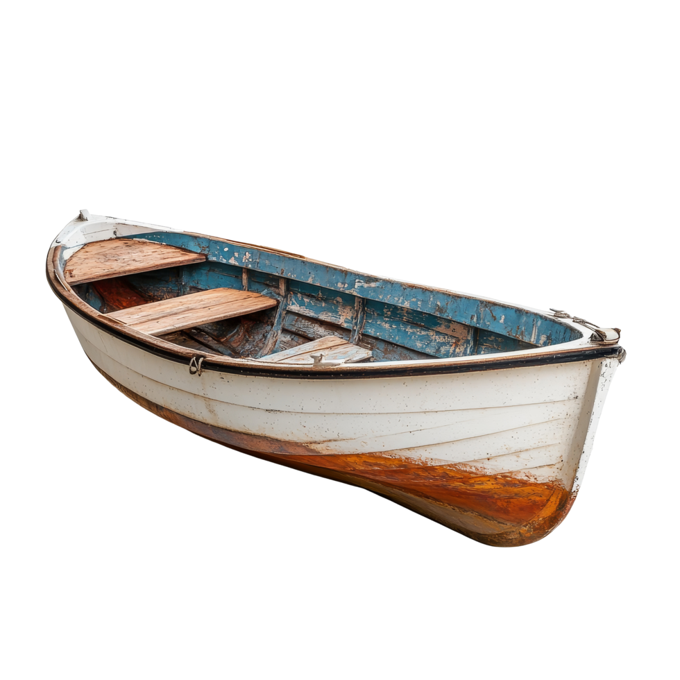 A small wooden boat resting quietly on a clean transparent background showcases its rustic charm and simple design, Small boat isolated on transparent background png
