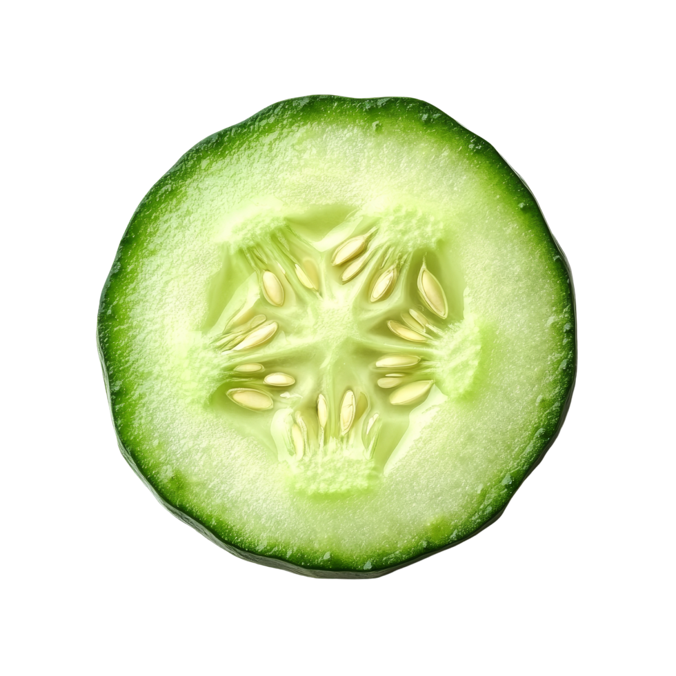 Freshly sliced green cucumber on a clean transparent background perfect for healthy recipes or garnishing dishes, slice green cucumber isolated on transparent background png