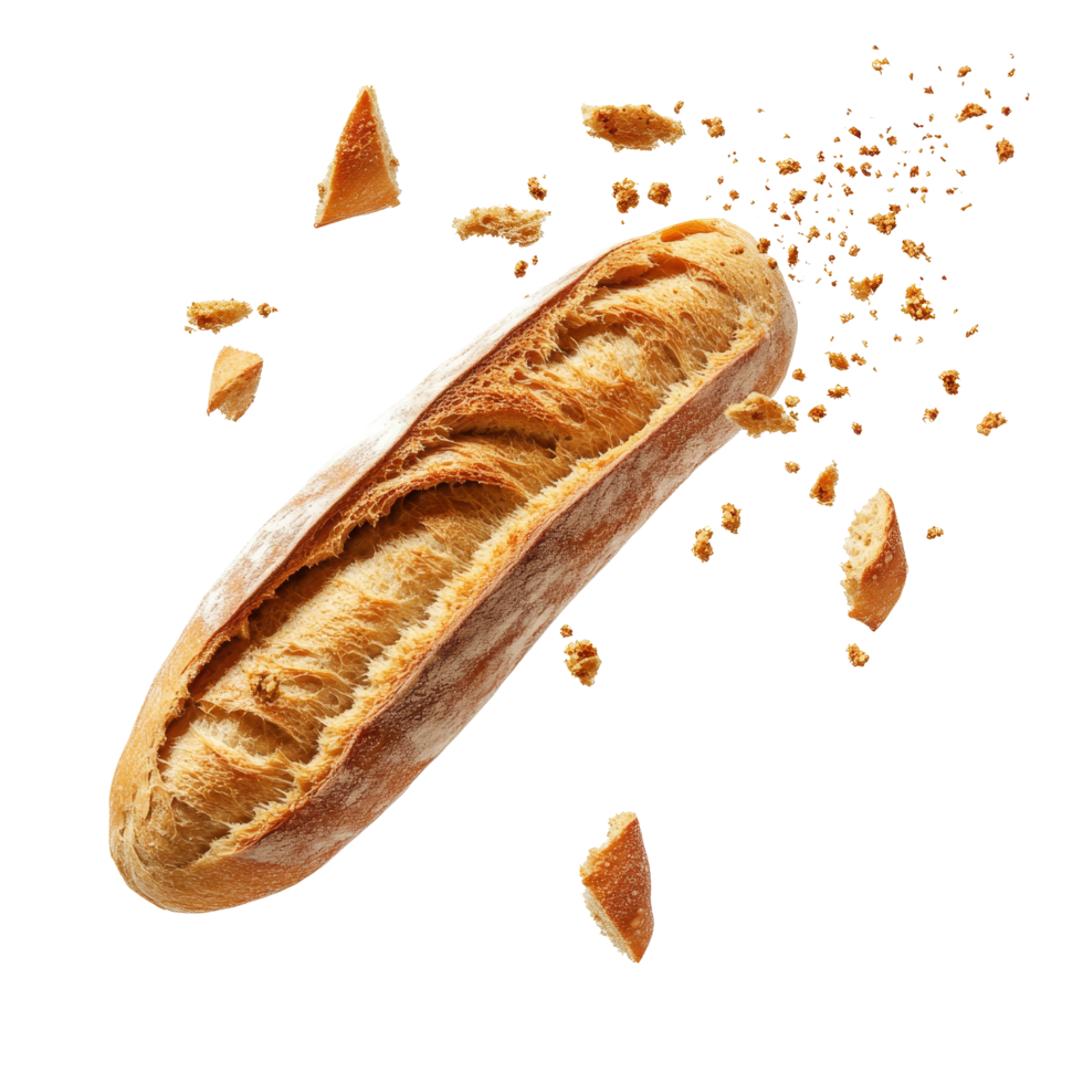 Fresh baguette crumbles gracefully onto a transparent surface, showcasing its airy texture and golden crust, Fresh Baguette with Crumbs Drifting Down transparent background png