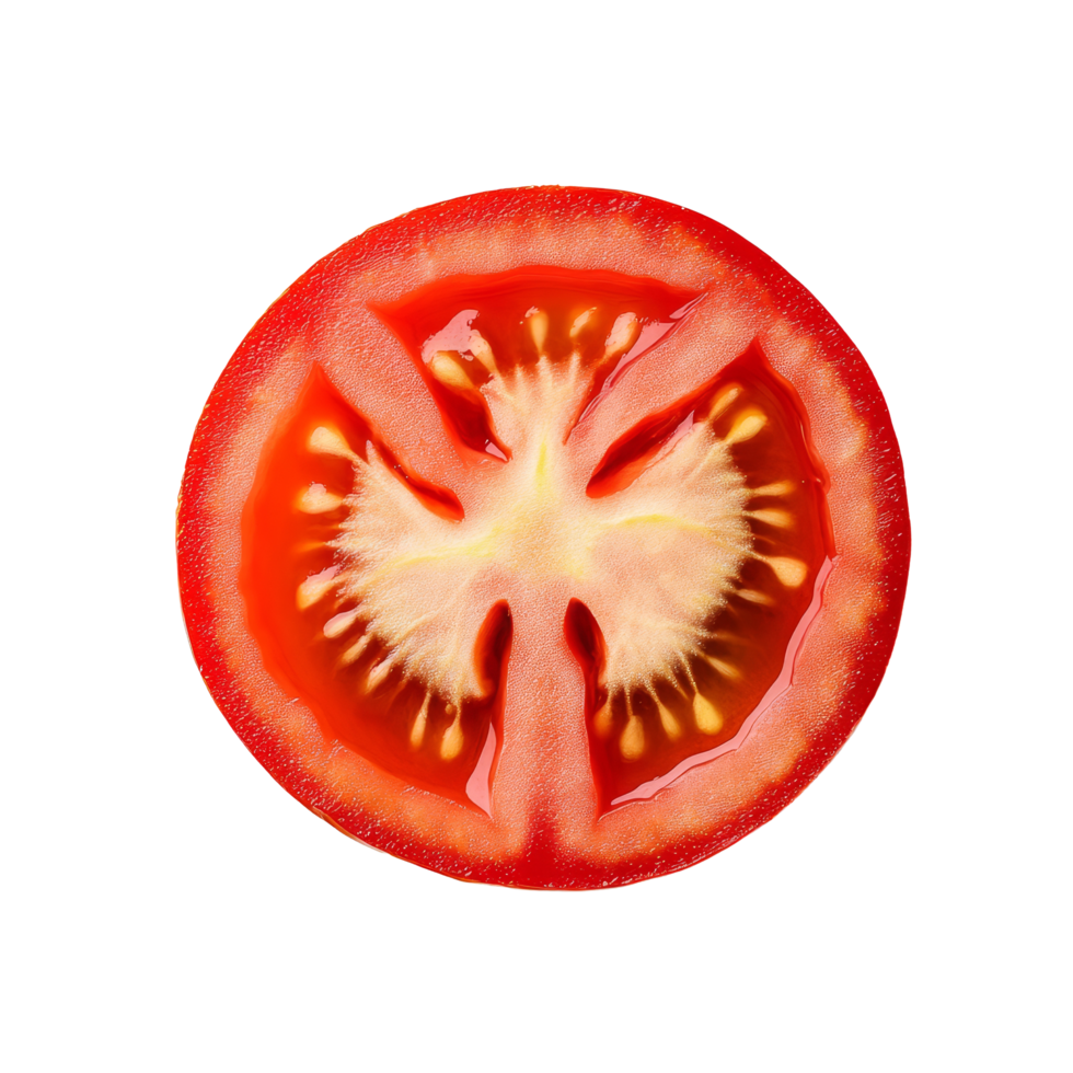 Freshly sliced tomato on a clean transparent background highlighting its vibrant colors and juicy texture, tomato slice on transparent background png