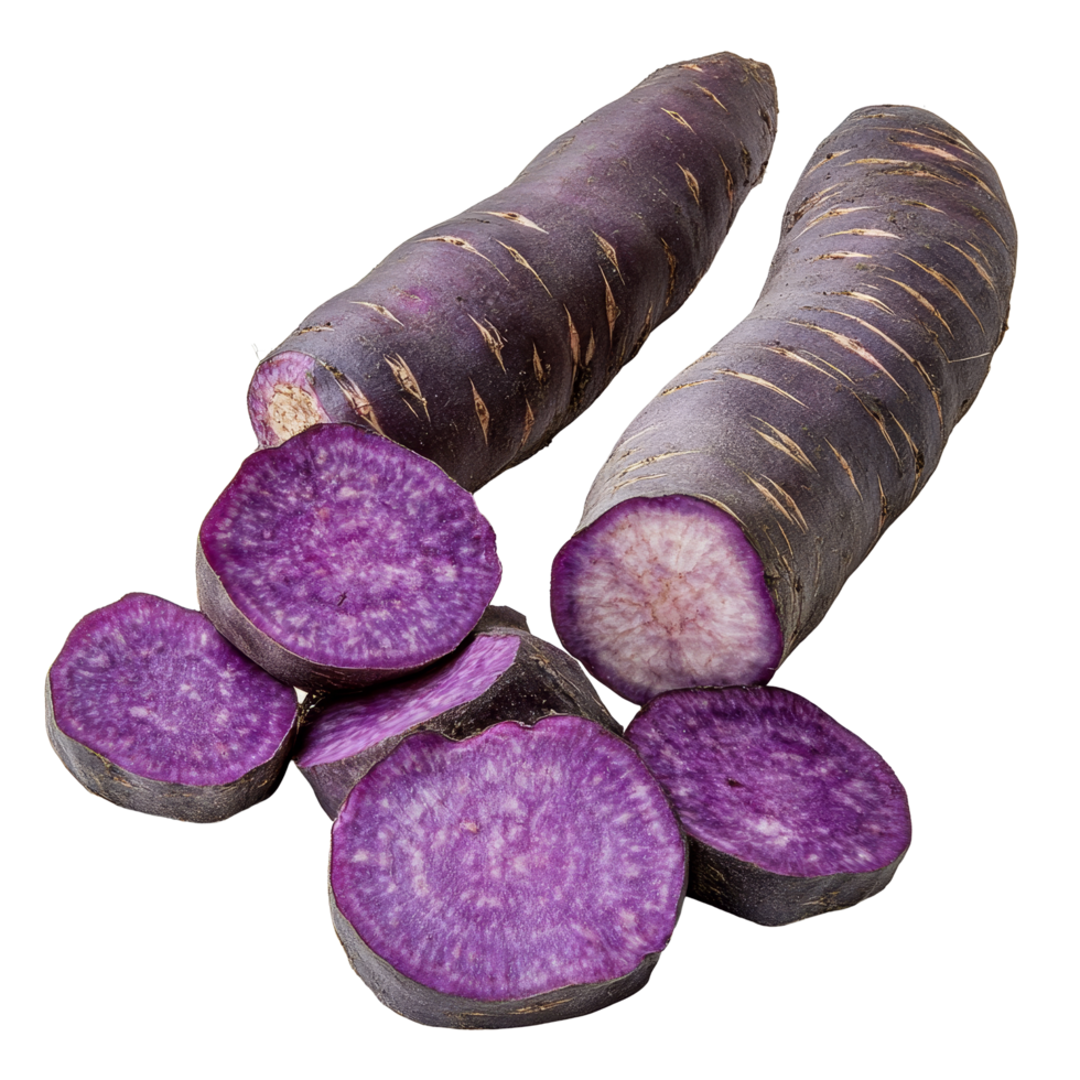 Fresh purple yams sliced on a clean transparent background, showcasing their vibrant color and texture in a natural setting, purple yams on transparent background png