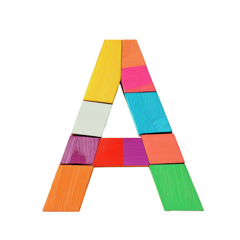 Colorful wooden blocks arranged to form the letter A on a transparent background for educational purposes, consonant letter a is used to make words on transparent backgroundfile png