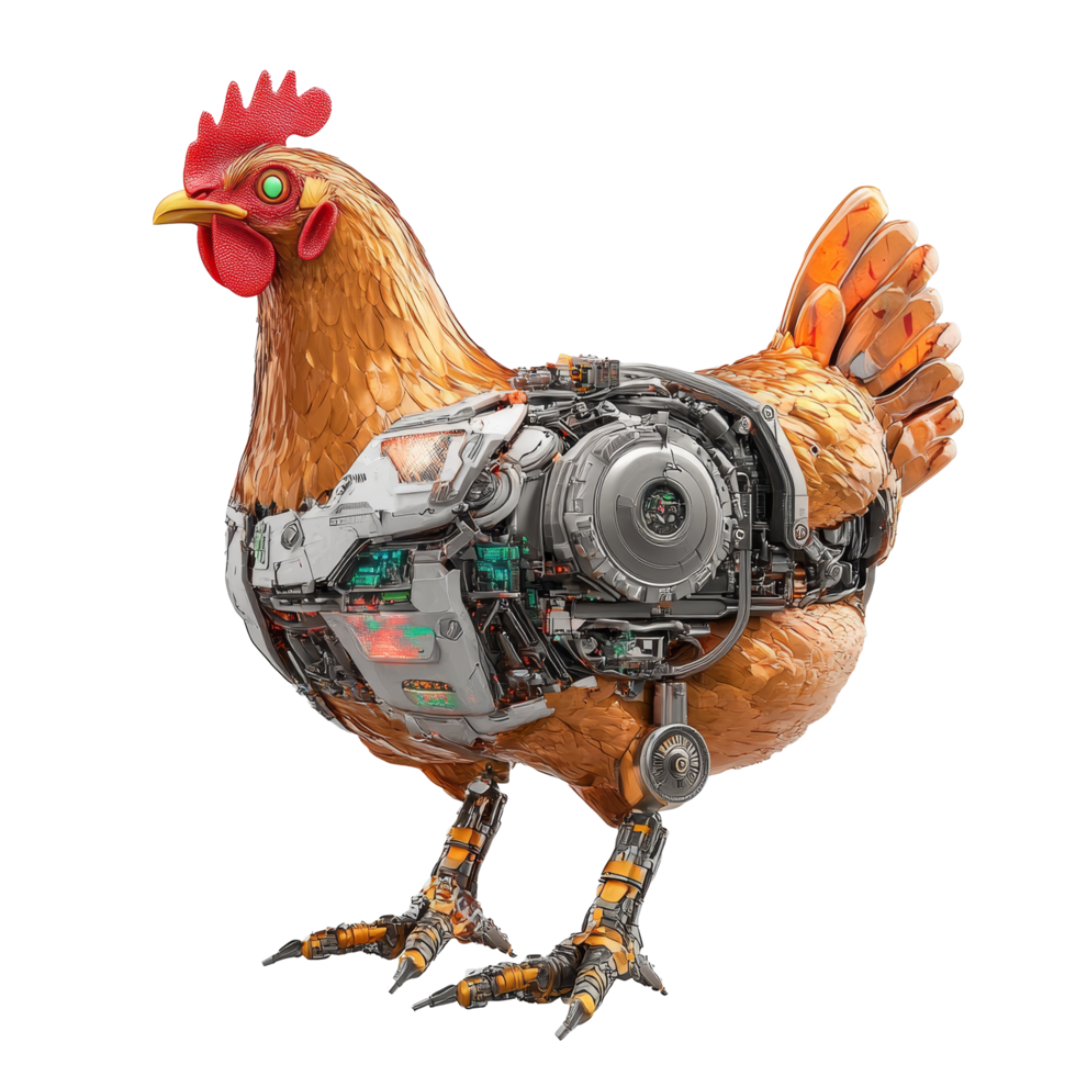 Hightech robotic chicken featuring intricate mechanics and vibrant design on a transparent background, Robotic Chicken on Transparent Background, HighTech Farming Concept png