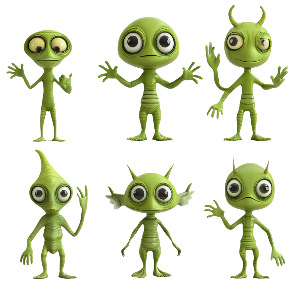 Colorful alien characters waving joyfully on a bright transparent background in a playful display, Alien Characters Waving on transparent background png