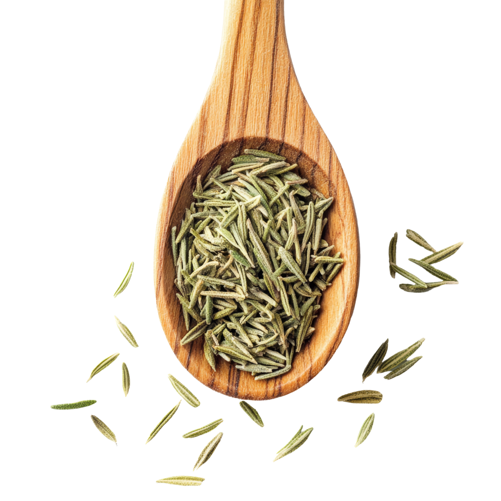 Dried rosemary leaves in a wooden spoon on a transparent background, highlighting culinary uses in cooking, Dried rosemary leaves in wooden spoon on transparent background png
