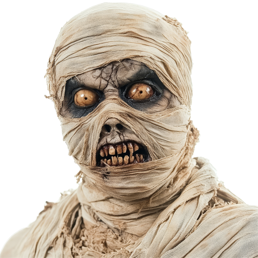 A terrifying Halloween mummy with glowing eyes on a transparent background ready to spook any viewer, Terrifying halloween mummy on transparent background png