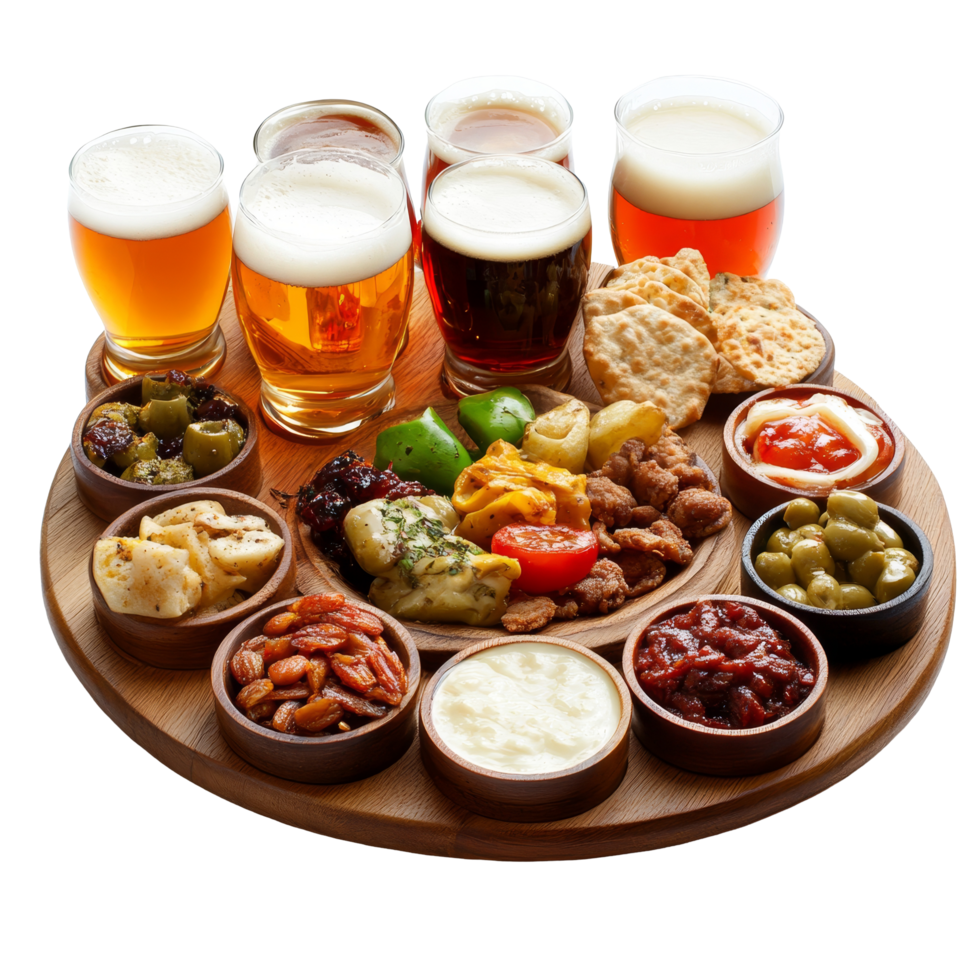 A vibrant beer appetizer platter featuring dips, snacks, and craft beers perfect for social gatherings, Portion of beer appetizer set platter png