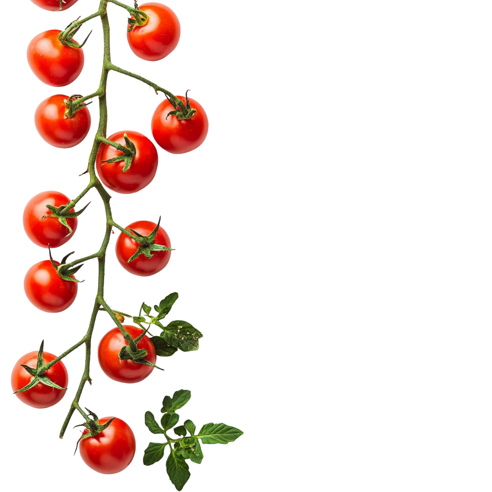 Fresh red tomatoes on a vine with green leaves against a transparent background, Branch of delicious tomatoes on whtie background cutouts png