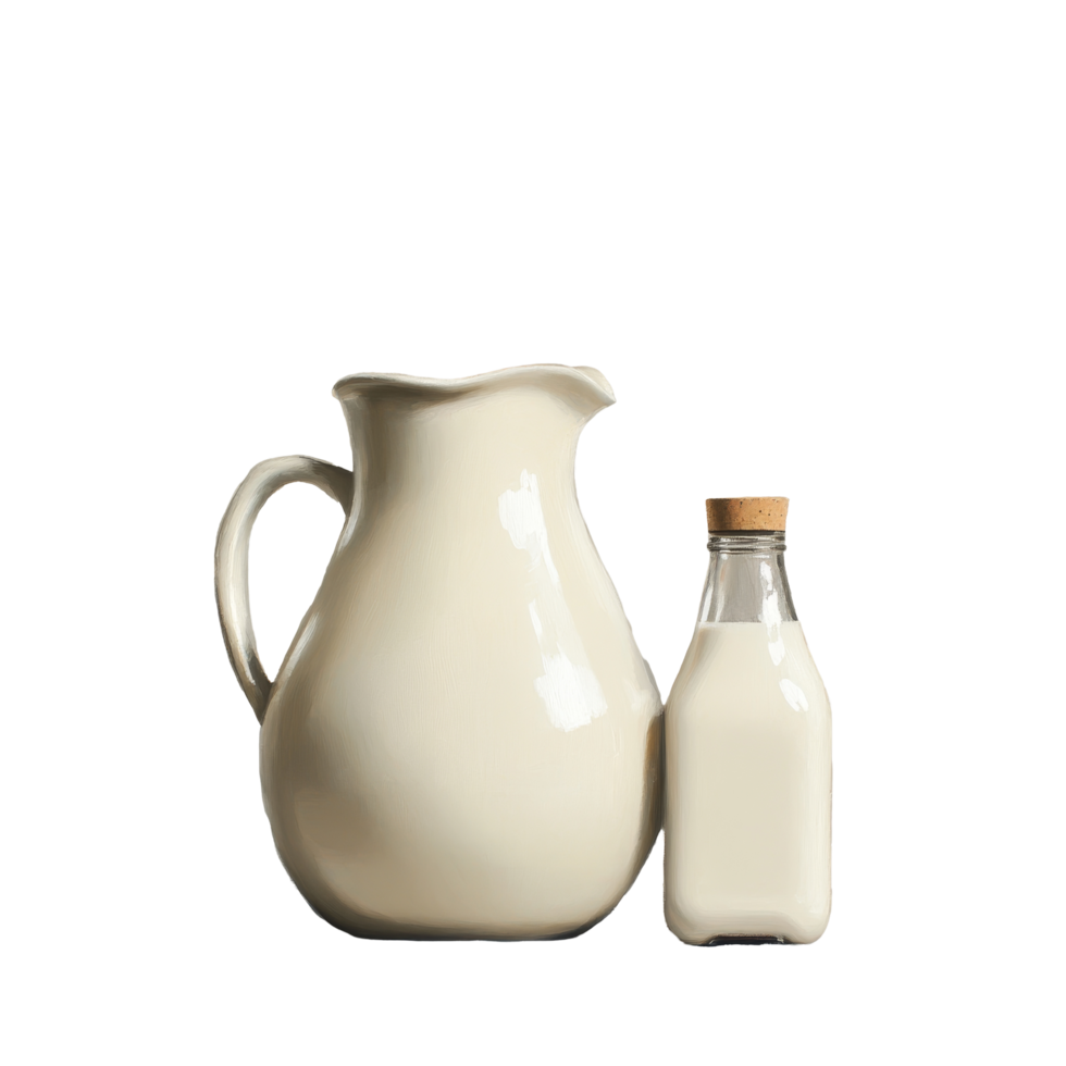 Milk jug and bottle of milk on a simple background, showcasing fresh dairy products in a minimalistic setting, Milk in a jug and a bottle of milk png