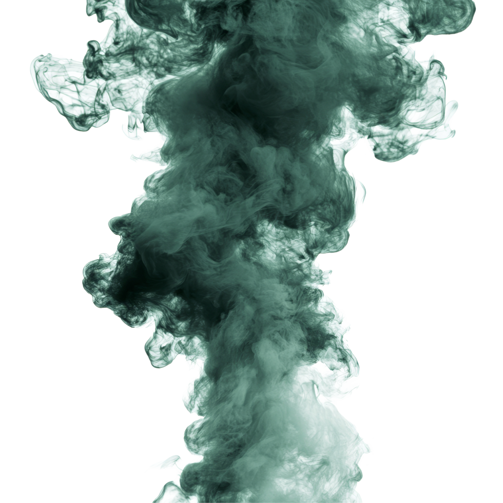Dark green toxic smoke billows upward against a stark transparent background, creating a striking visual impression of chemical release, dark green toxic smoke isolated on transparent background png