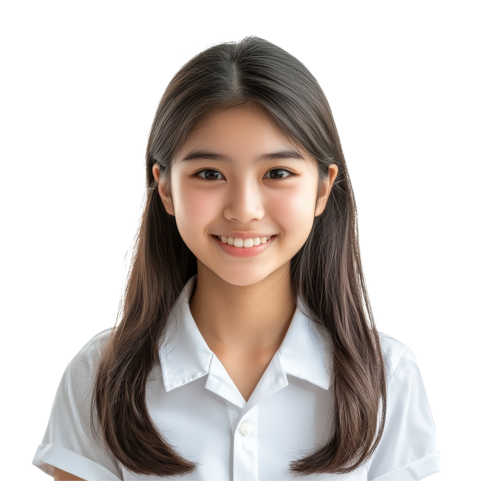 Happy Asian student girl smiling in school uniform, enjoying a bright moment in the classroom on a sunny day, Portrait Happy Asian student girl in school uniform isolated transparent background png