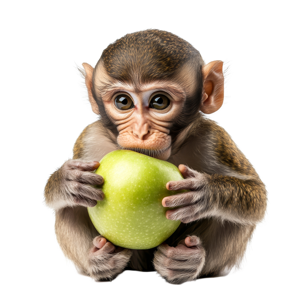 Closeup of a monkey holding a green apple isolated on a transparent background in a playful moment, Monkey apple isolated on transparent background png
