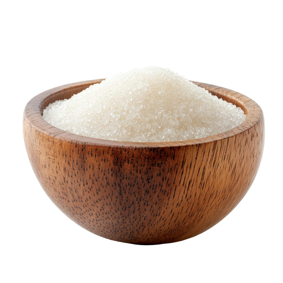 Fresh sugar sits in a wooden bowl against a crisp transparent background ready for culinary use, Sugar in wood bowl on transparent background png